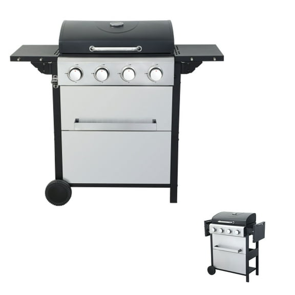 SDJPOI 4-Burner Propane Gas BBQ Grill, Stainless Steel Grill with 34200 BTU, Patio Garden Barbecue Grill with Foldable Side Table and Wire Enamel Cooking Grids for Patio,Camping,Outdoor Cooking