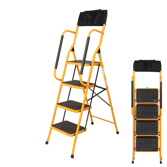 SDJPOI 4 Step Ladder with Handrails Folding Step Stool, 330lb Capacity Portable Step Stool with Wide Anti-Slip Pedal, Space saving & Multi-use Sturdy Steel Step Ladder for Home Kitchen Shop Office