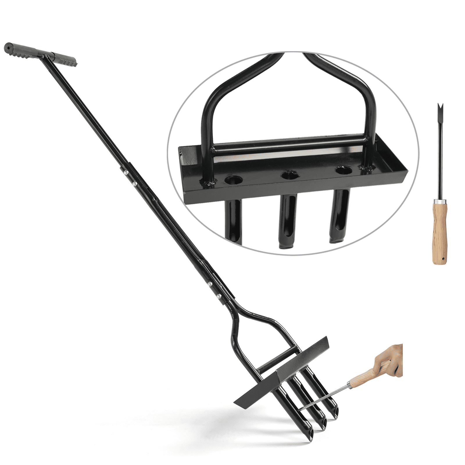 SDJPOI 43”Lawn Aerator Garden Tool with Soil Core Tray,Manual Grass Plug Aerators & A Cleaning Tool, Coring Aeration Tools with 3 Tines for  Plant Care&loose Soil in Garden Yard Patio