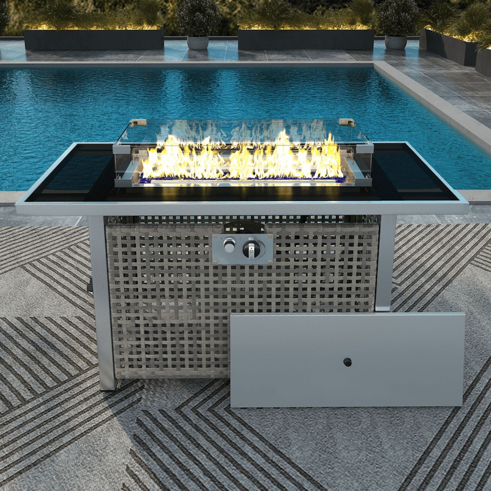 SDJPOI 43" Propane Gas Fire Pit Table, 60,000 BTU Rectangular Outdoor Fire Pit with Glass Wind Guard - Open Weave Wicker Design for Patio, Deck, Garden & Backyard
