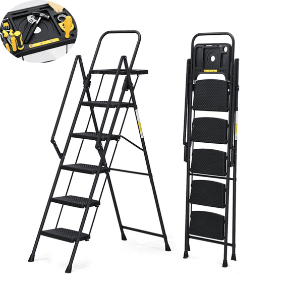 SDJPOI 5 Step Ladder with Handrails Folding Step Stool with Tool Tray, 330 lb Capacity Step Stool with Wide Anti-Slip Pedal, Portable Sturdy Steel Step Ladder for Home Kitchen Shop Office