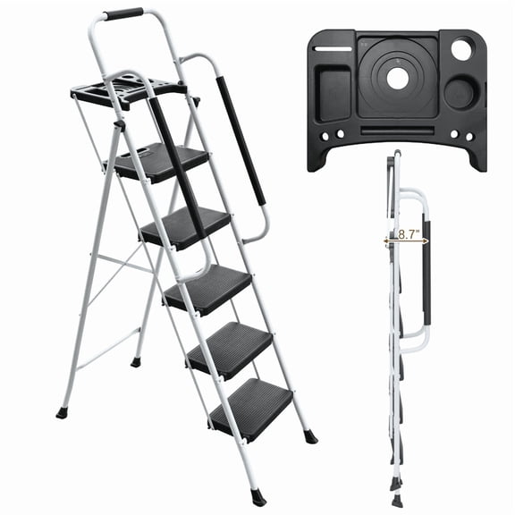 SDJPOI 5 Step Ladder with Handrails Folding Step Stool with Tool Tray, 330 lb Capacity White Step Stool with Wide Anti-Slip Pedal, Portable Sturdy Steel Step Ladder for Home Kitchen Shop Office