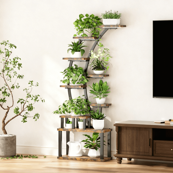 SDJPOI 63.6" Half-Moon Indoor Plant Stands with 5 Grow Lights, 9 Tiered Large Metal Plant Rack Shelves, 10-Level Dimming & 3 Timer Settings Flower Display Rack for Living, Room,Office,Patio & Balcony