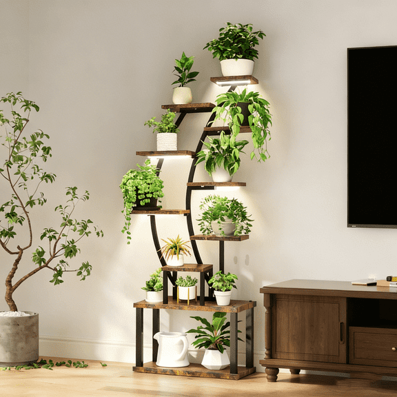 SDJPOI 63" Half-Moon Indoor Plant Stands with 4 Grow Lights,9 Tiered Large Metal Plant Rack Shelves, Adjustable Dimming & 2 hook Flower Display Rack for Living, Room,Office,Patio & Balcony