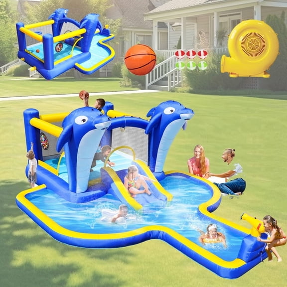 SDJPOI 8 in1 Inflatable slide water park trampoline bouncing house outdoor garden with Dolphin sprinkler & Target games & Water gun & Basketball