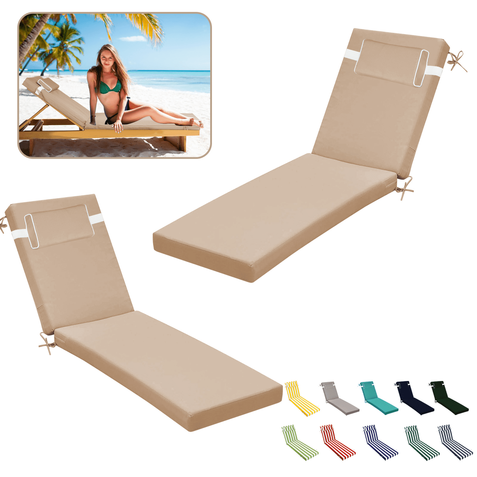 SDJPOI Outdoor Chaise Lounge Cushions, Patio Chaise Cushion with Headres for Pool Sand Beach
