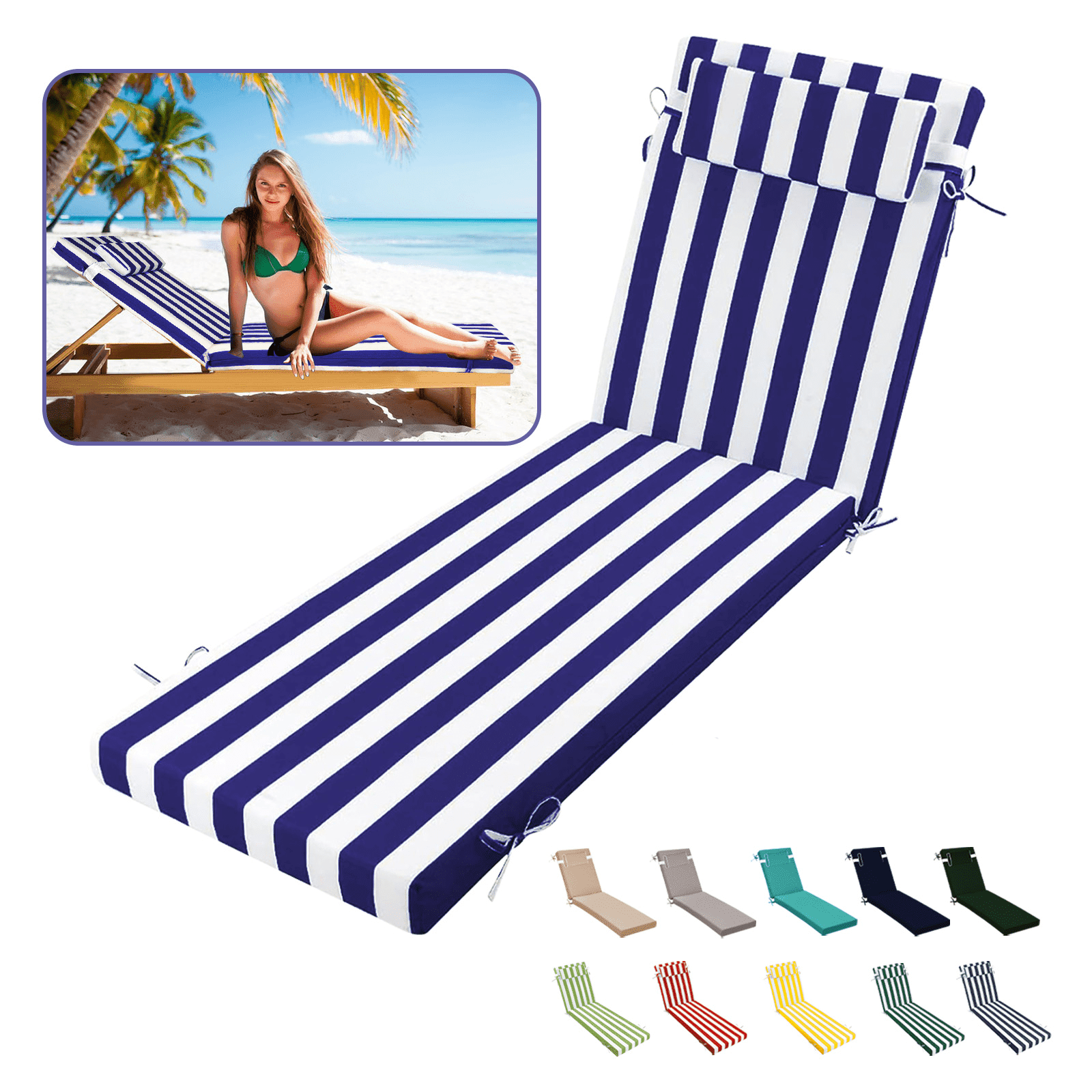 SDJPOI Outdoor Chaise Lounge Cushions, 72" x 21" x 3" Thick Patio Furniture Replacement Cushions, Waterproof Lounge Chair Cushion with Headrest & Ties for Pool Beach