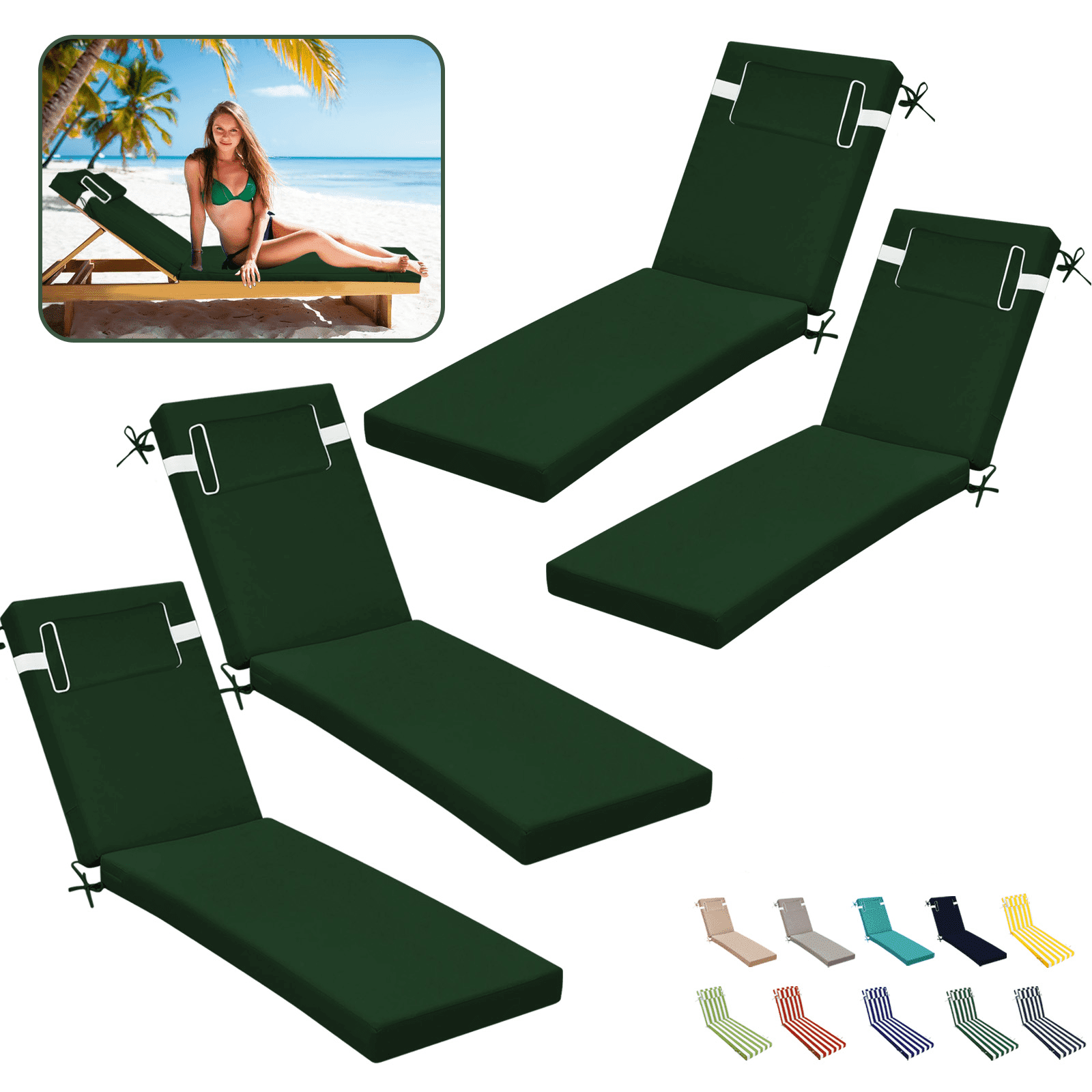 SDJPOI Outdoor Chaise Lounge Cushions Set of 4, 72" x 21" x 3" Thick Patio Furniture Replacement Cushions, Waterproof Lounge Chair Cushion with Headrest & Ties for Pool Beach
