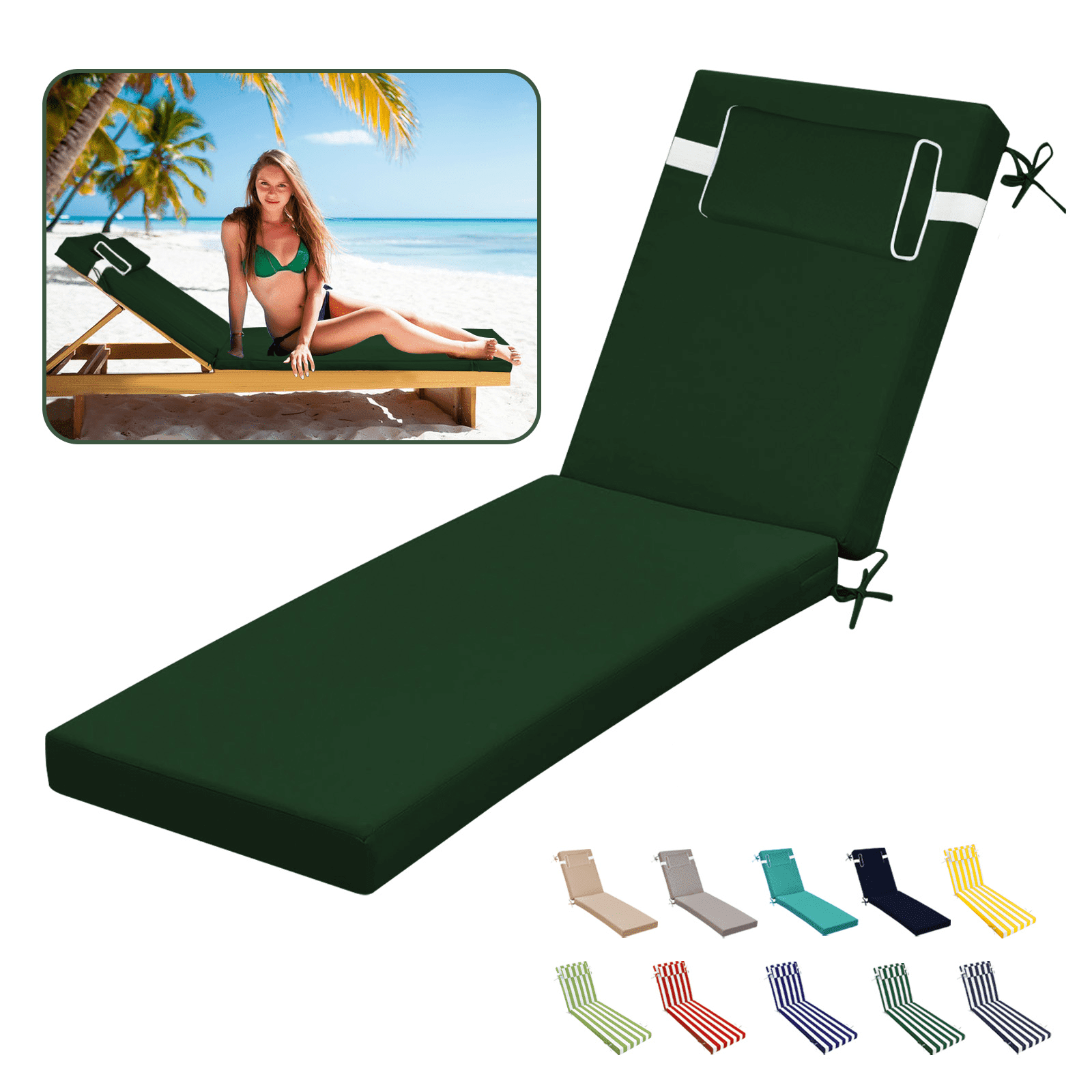 SDJPOI Outdoor Chaise Lounge Cushions, 72" x 21" x 3" Thick Patio Furniture Replacement Cushions, Waterproof Lounge Chair Cushion with Headrest & Ties for Pool Beach