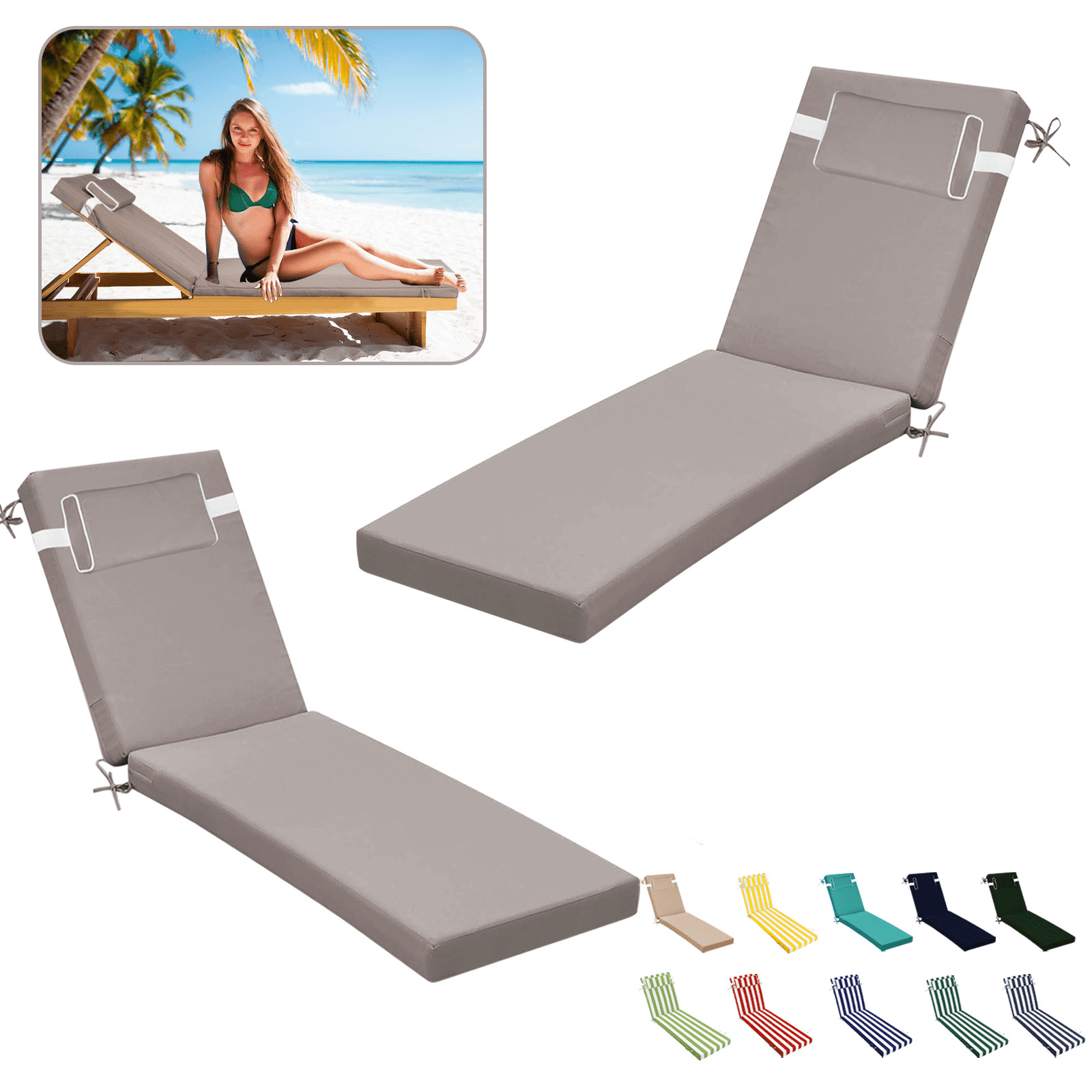SDJPOI Outdoor Chaise Lounge Cushions Set of 2, 72" x 21" x 3" Thick Patio Furniture Replacement Cushions, Waterproof Lounge Chair Cushion with Headrest & Ties for Pool Beach
