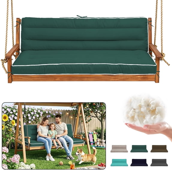 SDJPOI Outdoor Porch Swing Cushions, 4" Thick 3 Seater swing replacement cushions, 63'' Waterproof Bench Cushions with Backrest & Ties for Patio Furniture