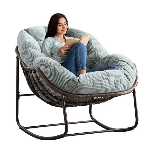 SDJPOI Outdoor Rattan Rocking Chair with Padded Cushion, Rocker Recliner Chair Outdoor for Front Porch, Living Room, Patio, Garden
