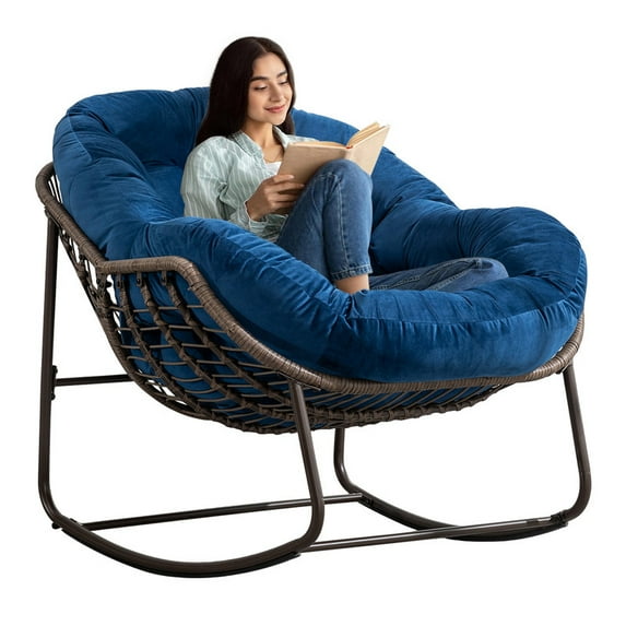 SDJPOI Outdoor Rattan Rocking Chair with Padded Cushion, Rocker Recliner Chair Outdoor for Front Porch, Living Room, Patio, Garden