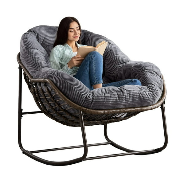 SDJPOI Outdoor Rattan Rocking Chair with Padded Cushion, Rocker Recliner Chair Outdoor for Front Porch, Living Room, Patio, Garden