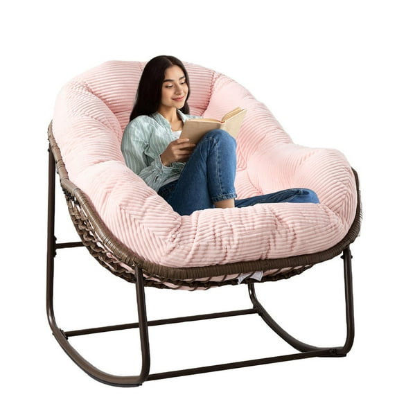 SDJPOI Outdoor Rattan Rocking Chair with Padded Cushion, Rocker Recliner Chair Outdoor for Front Porch, Living Room, Patio, Garden