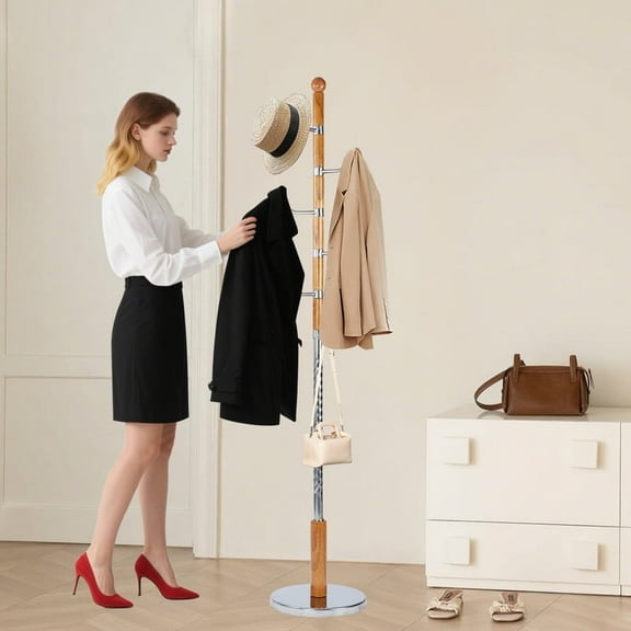 SDJPOI Solid Coat Rack Freestanding with 6 Hooks, Natural Birch Wood Coat stands with Sturdy Round Base, Heavy-duty Tree Coat Hanger Standing for Entryway Hallway Bedroom