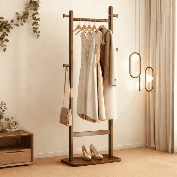 SDJPOI Solid Wood Coat Rack Freestanding 23.6×11×64.1in,, Heavy Duty Coat Tree with Hooks & Crossbar, Space-Saving Clothes Hanger for Entryway Bedroom Living Room, Walnut
