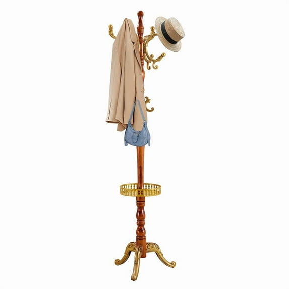 SDJPOI Solid Wood Coat Rack with Key Tray, Stainless Steel & Resin Coat Rack Freestanding with 11 Hooks , Wooden Rack Hanger for Clothes Hat Bag Entryway