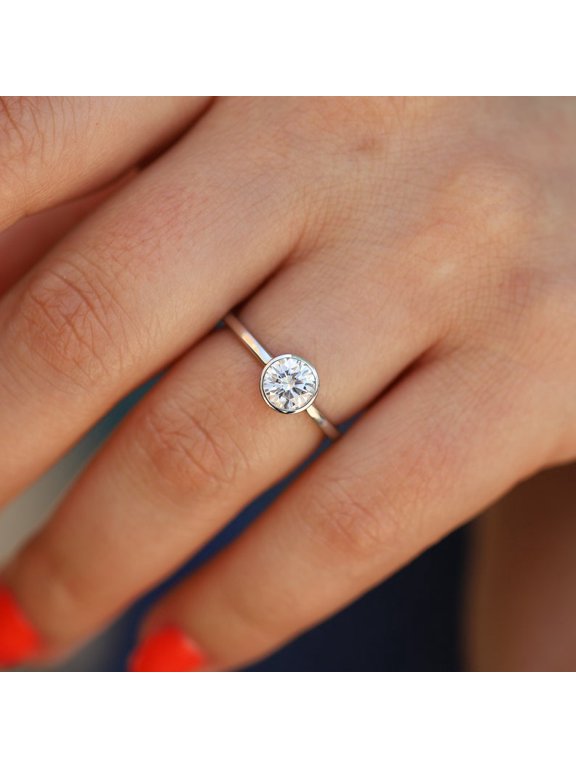 0.75 CT Bezel Set Low Profile Lab Grown Diamond Solitaire Engagement Ring in 925 Sterling Silver