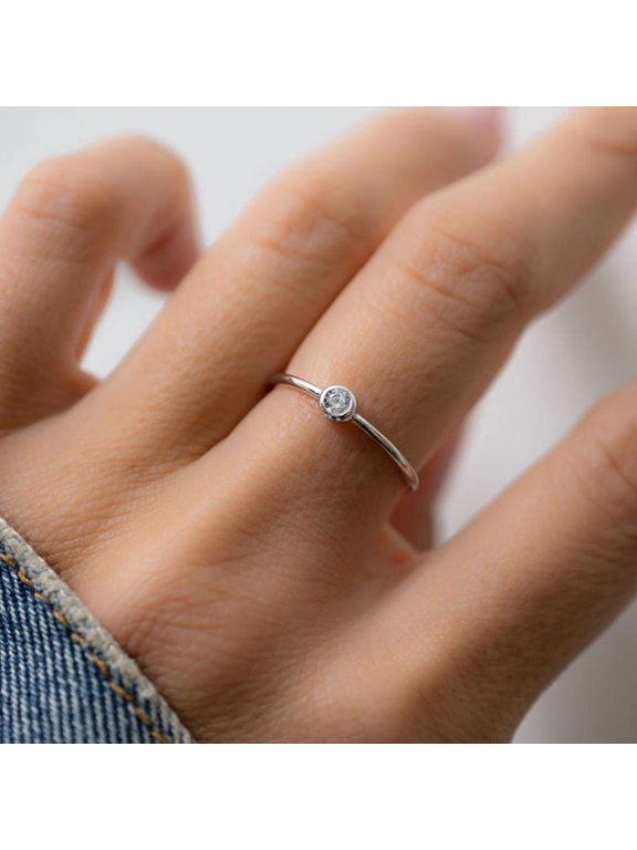 Minimalist Bezel Set Round Cut Cubic Zirconia Solitaire Stacking Ring in 925 Sterling Silver