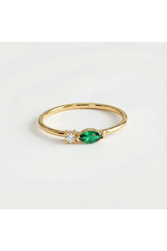Minimalist Emerald & Diamond Toi et Moi Ring 925 Sterling Silver Gold Plated Promise Ring for Women Size 5–10