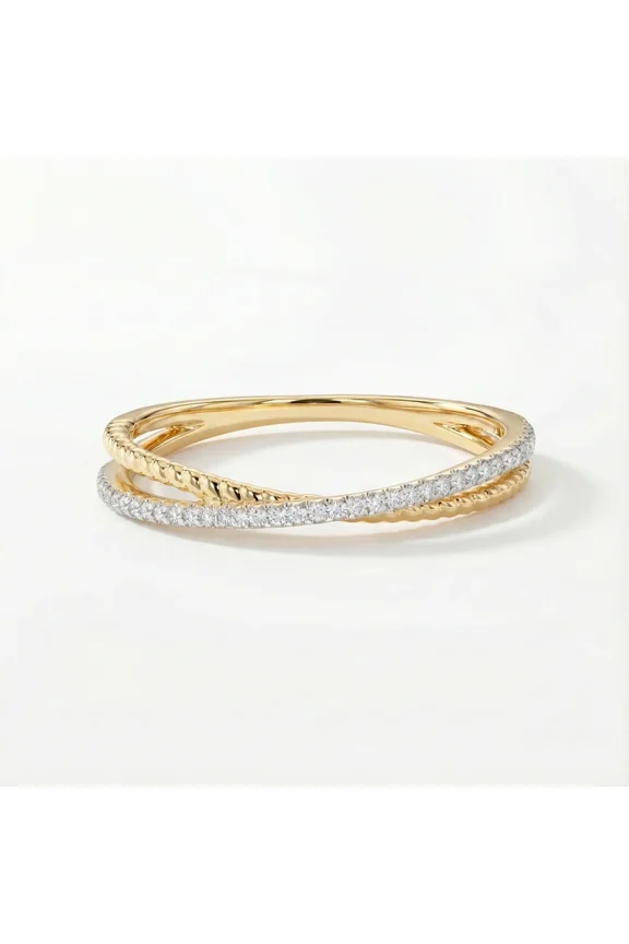 Modern Interlocking Criss-Cross Ring 925 Sterling Silver Gold Plated Dual-Tone Pave X-Band Size 5–10