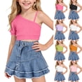 thumbnail image 1 of SDNall 2 Pack Girls Asymmetrical One Shoulder Crop Top and Tiered Denim Skirt Outfit, Kids Casual Lightweight Summer Set, Party and Vacation Clothing Set for Girls Ages 1-9, 1 of 10