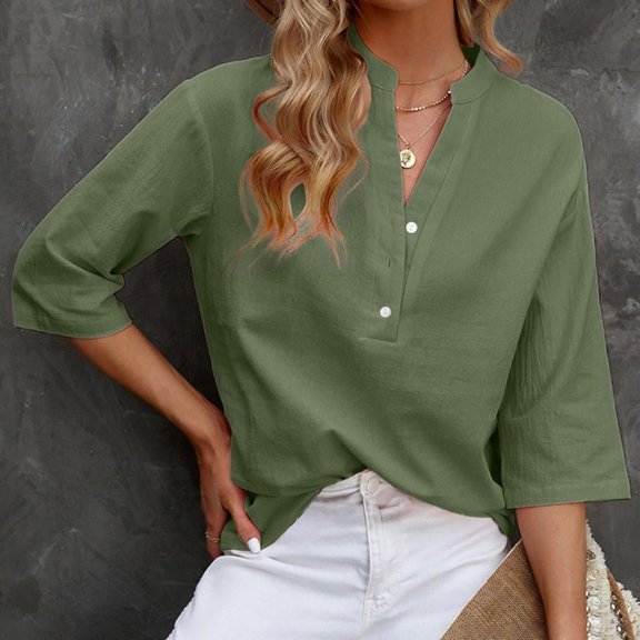 SDNall Blouses & Button-Down Shirts V-Neck Long Sleeve Loose Button Cotton and Linen T-Shirt Summer Blouse Womens Blouse (Army Green, Sizes S-XXXL)