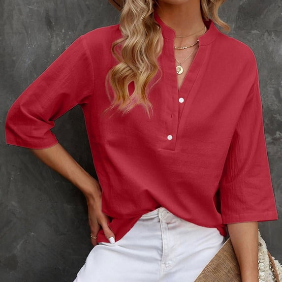 SDNall Blouses & Button-Down Shirts V-Neck Long Sleeve Loose Button Cotton and Linen T-Shirt Summer Blouse Womens Blouse (Red, Sizes S-XXXL)