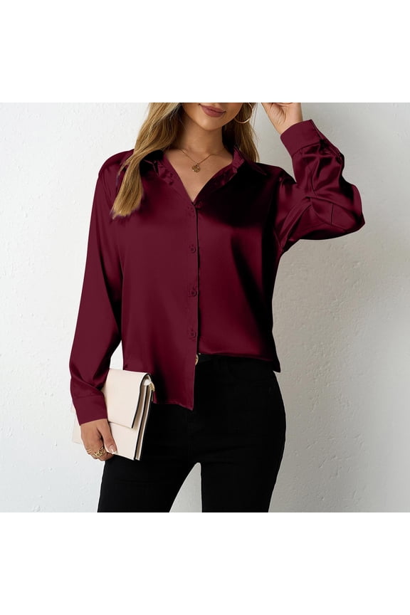Blouses For Women Dressy Casual，Satin Shirts For Women Silk Button Down V Neck Dressy Casual Blouse Loose Long Sleeve Office Work Tunic Tops