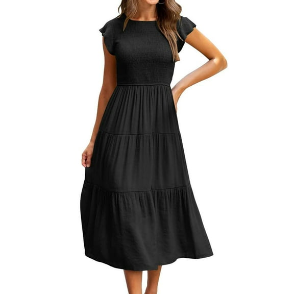 SDNall Boho Dresses for Women 2024 Maxi Dresses Bohemian Short Sleeve Long Beach Sun Dresses Solid Maxi Dress Midi Dresses (Black, Sizes S-XXL)