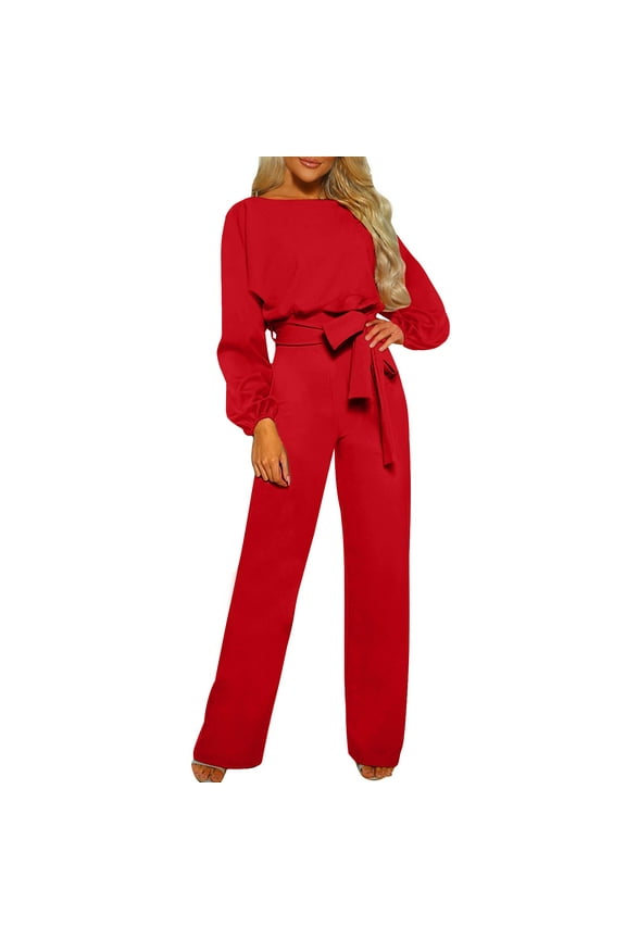 Business Rompers for Women Solid Color Long Sleeved Jumpsuit Crew Round Neck Jumpsuit with Belt Long Wide Leg Pantsuits Women Jumpsuit Dressy (Red,Sizes:XS-XXL)