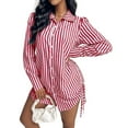 thumbnail image 1 of SDNall Button Up Shirt, Button Up Shirt Dress, Summer Casual Dress, Womens Fashionable Casual Striped Button Up Drawstring Shirt Long Sleeved Lapel Dress, Striped Drawstring Dress, Long Shirt Dress, 1 of 5