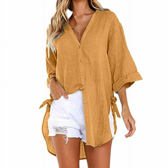 SDNall Button Up Shirt Women Fashion Casual Solid V-Neck Short Sleeve Loose Pullover Tops Linen Shirts for Women (Yellow, Sizes M-XXXXXL)