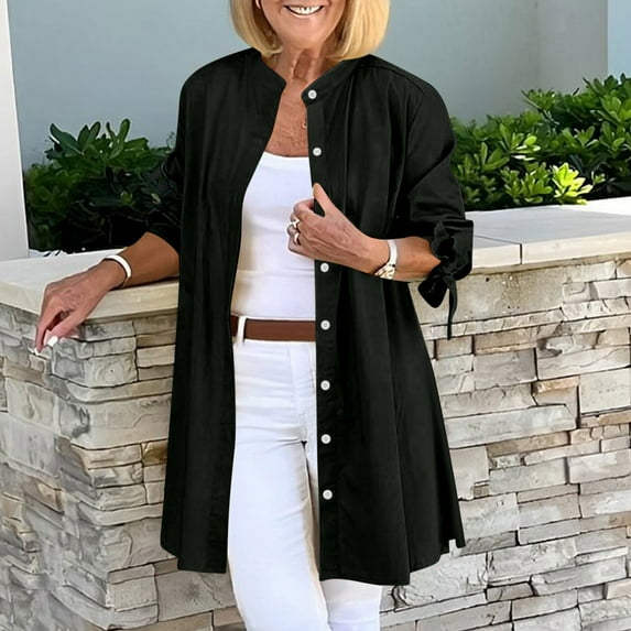 SDNall Button Up Shirt Women, Long Shirts for Women, Women'S Solid Lapel Long Sleeved Button Up Shirt