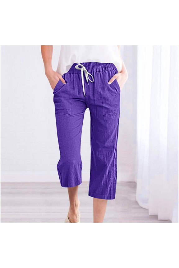 Capri Pants for Women Fragrant Hemp Solid Color Loose Drawstring Pants Pockets Linen Pants Women