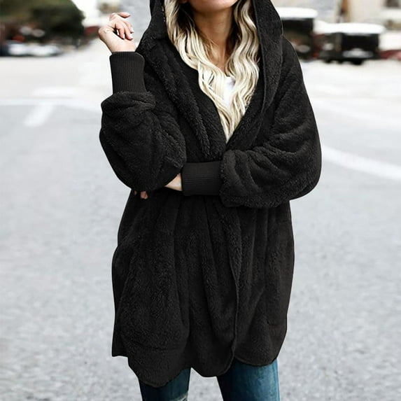 SDNall Cardigan Sweaters for Women Trendy Solid Color Casual Plush Cardigan Long Sleeve Pockets Blouse Coat Tops Fuzzy Pajamas for Women (Black, Sizes S-XXXL)