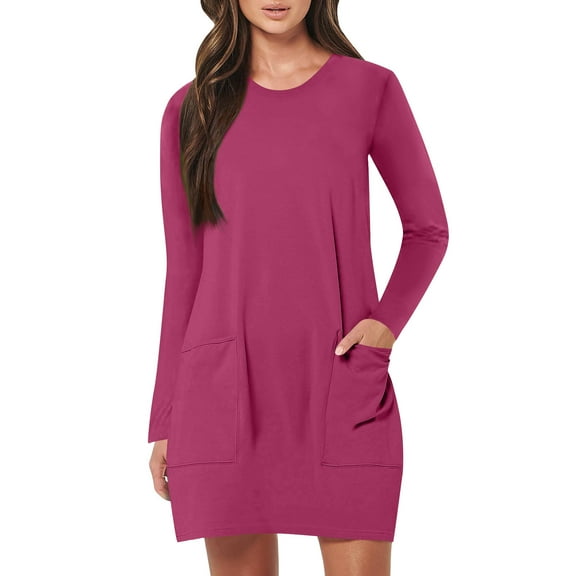SDNall Casual Dress for Women, Long Dress for Women, Dress with Pockets, Womens Casual Long Sleeved Dress with Pockets Long Sleeved Round Neck Knee Length Dress, Knee Length Dress for Women