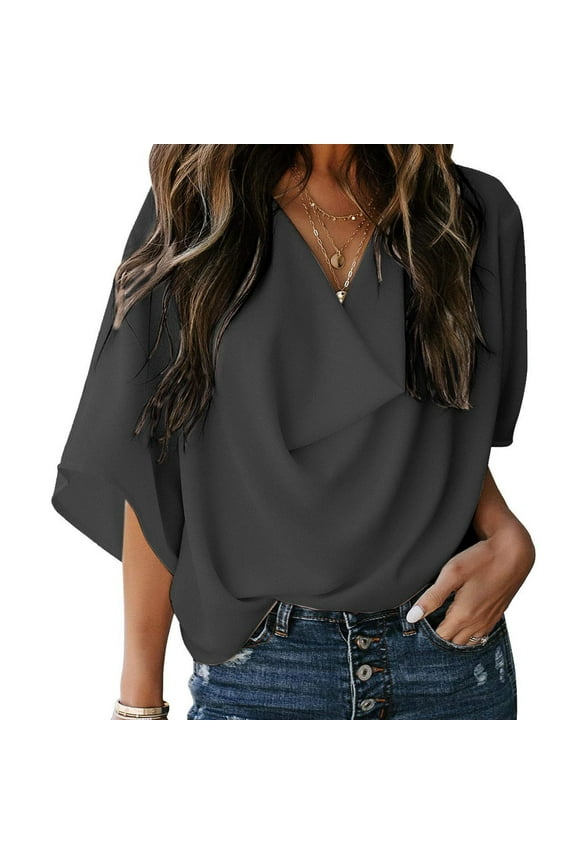 Chiffon Blouses for Women Dress Shirts for Women Ladiescolor Chiffon Shirt Loose V-Neck Casual Short Sleeve T-Shirt Chiffon Flowy Tops Blouses for Women (Black,Sizes:S-2XL)