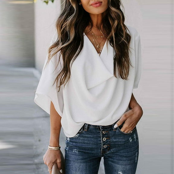 SDNall Chiffon Blouses for Women Dress Shirts Casual Draped V-Neck Flared Sleeve Loose Shirt Chiffon Flowy Blouses for Women (White,Sizes:S-3XL)