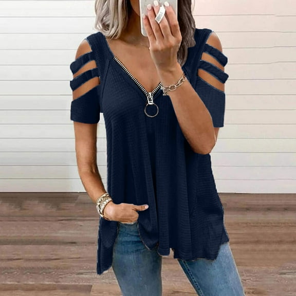 SDNall Cold Shoulder Blouses for Women Off Shoulder Hollow Fashion Hollow Out Solid V-Neck T-Shirt Short Sleeve Casual Blouse (Dark Blue,Sizes:XXL-2XL)