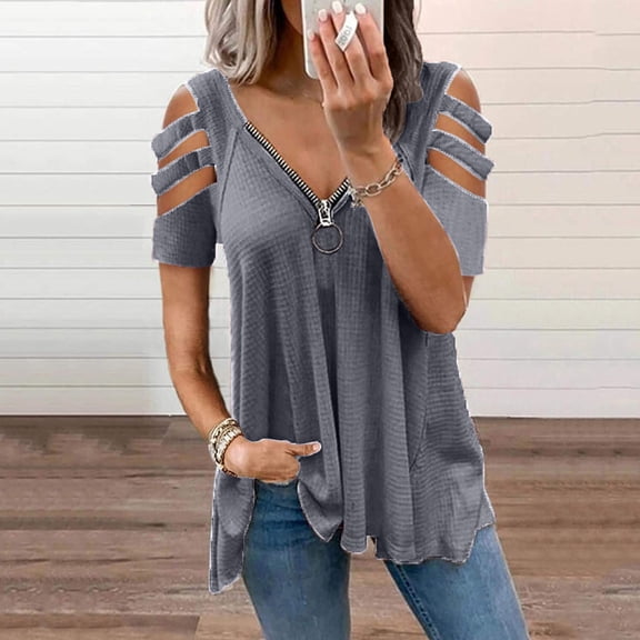 SDNall Cold Shoulder Blouses for Women Off Shoulder Hollow Fashion Hollow Out Solid V-Neck T-Shirt Short Sleeve Casual Blouse (Gray,Sizes:XXL-2XL)