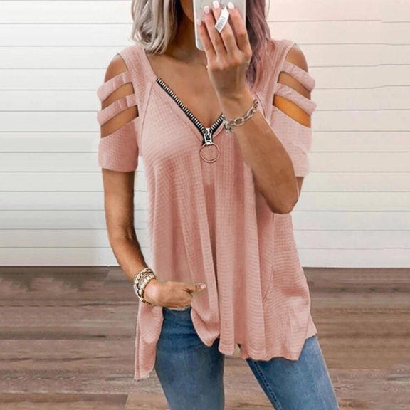 SDNall Cold Shoulder Blouses for Women Off Shoulder Hollow Fashion Hollow Out Solid V-Neck T-Shirt Short Sleeve Casual Blouse (Sizes:XXL-2XL)