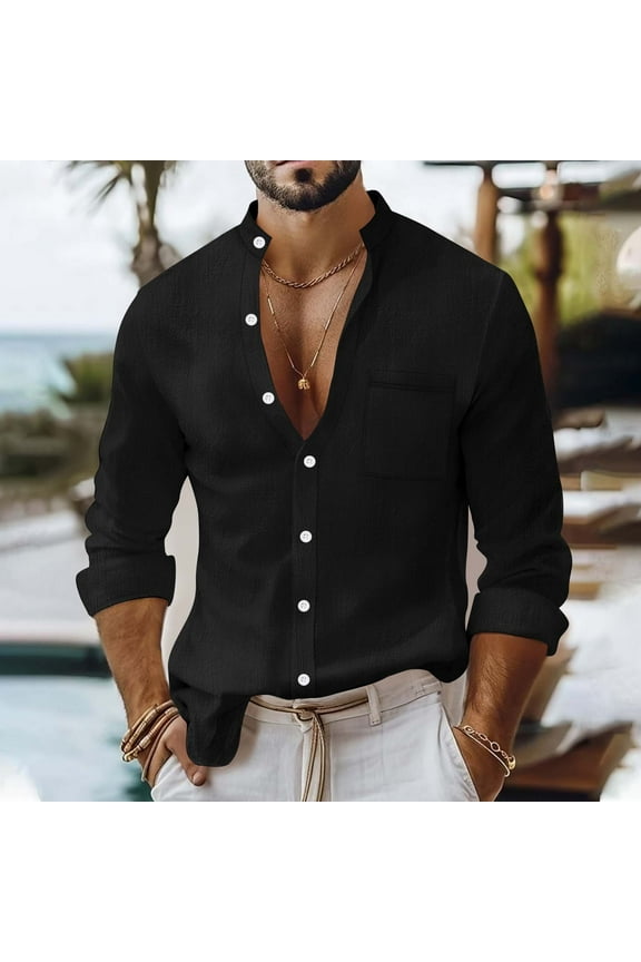 Collar Shirts for Men, Long Shirts for Men, Button Shirts for Men, Man Casual Solid-Color Button Cardigan Long Sleeves Standing Collar Pocket Shirt, Long Cardigan for Men