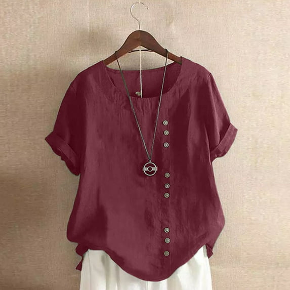 SDNall Cotton Linen Tops for Women Summer Casual Color Round Neck Short Sleeve Buttons Tops (Wine,Sizes:S-3XL)