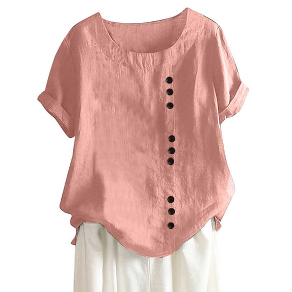 SDNall Cotton and Linen Blouse for Women Floral Tops with Button Fashion Summer Round Neck Leisure Short Sleeve Solid Buttons Tops (Sizes:S-5XL)