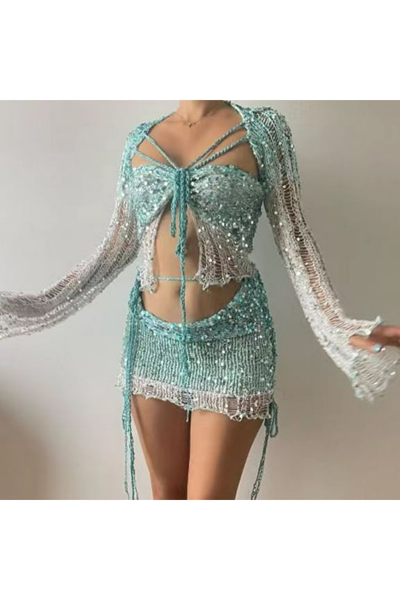 Crochet Sets Two Piece Women Coconut Girl Aesthetic 2 Piece Outfits for Women Summer (S-XL,Light Blue)