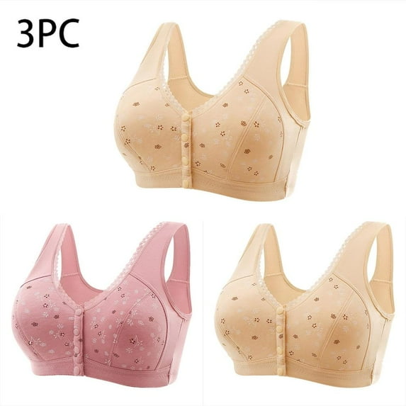 SDNall Daisy Bras for Seniors Front Closure 3Pc Bras for Women No Underwire Bras for Women Wirefree Front Clasp Bra Old Woman Bra Comfortable Bra (Sizes:M-7XL)