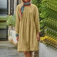 thumbnail image 1 of SDNall Dress for Women, Long Dress for Women, Linen Dress Women, Women Round Neck Long Sleeved Pleated Solid Linen Loose Fitting Dress, Pleated Dress for Women, Loose Dress for Women, 1 of 8