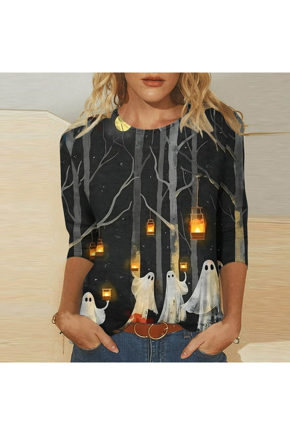 Fall Shirts for Women 2024 Graphic Cute Ghosts Print Cute Funny Graphiccrewneck 3/4 Sleeve Tops Halloween Gift T Shirt (S-XXXL,Black)